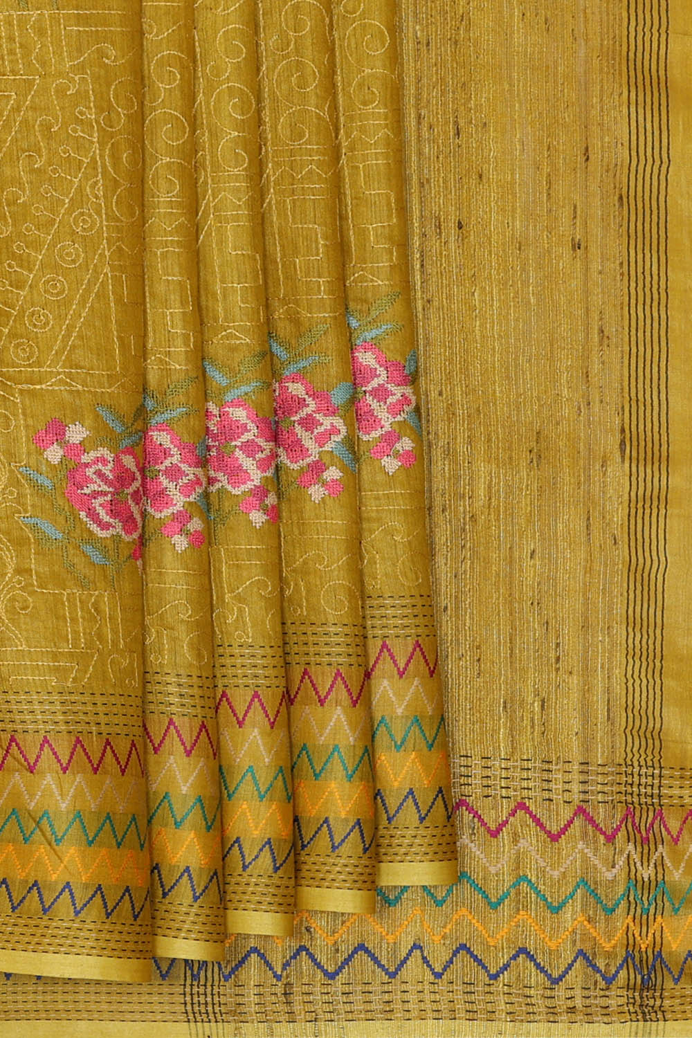 Image of Tussar Embroidered Brass Yellow Saree