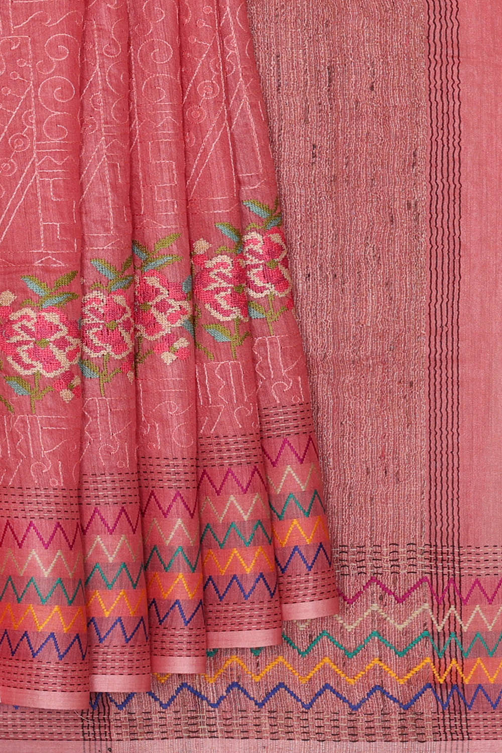 Image of Tussar Embroidered Pink Saree