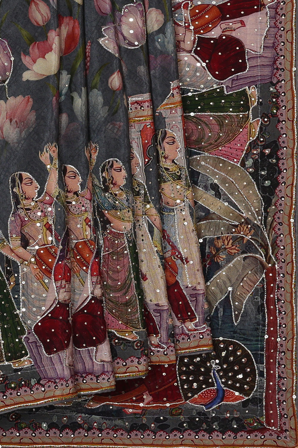 Image of Grey Crepe Print Silk Saree