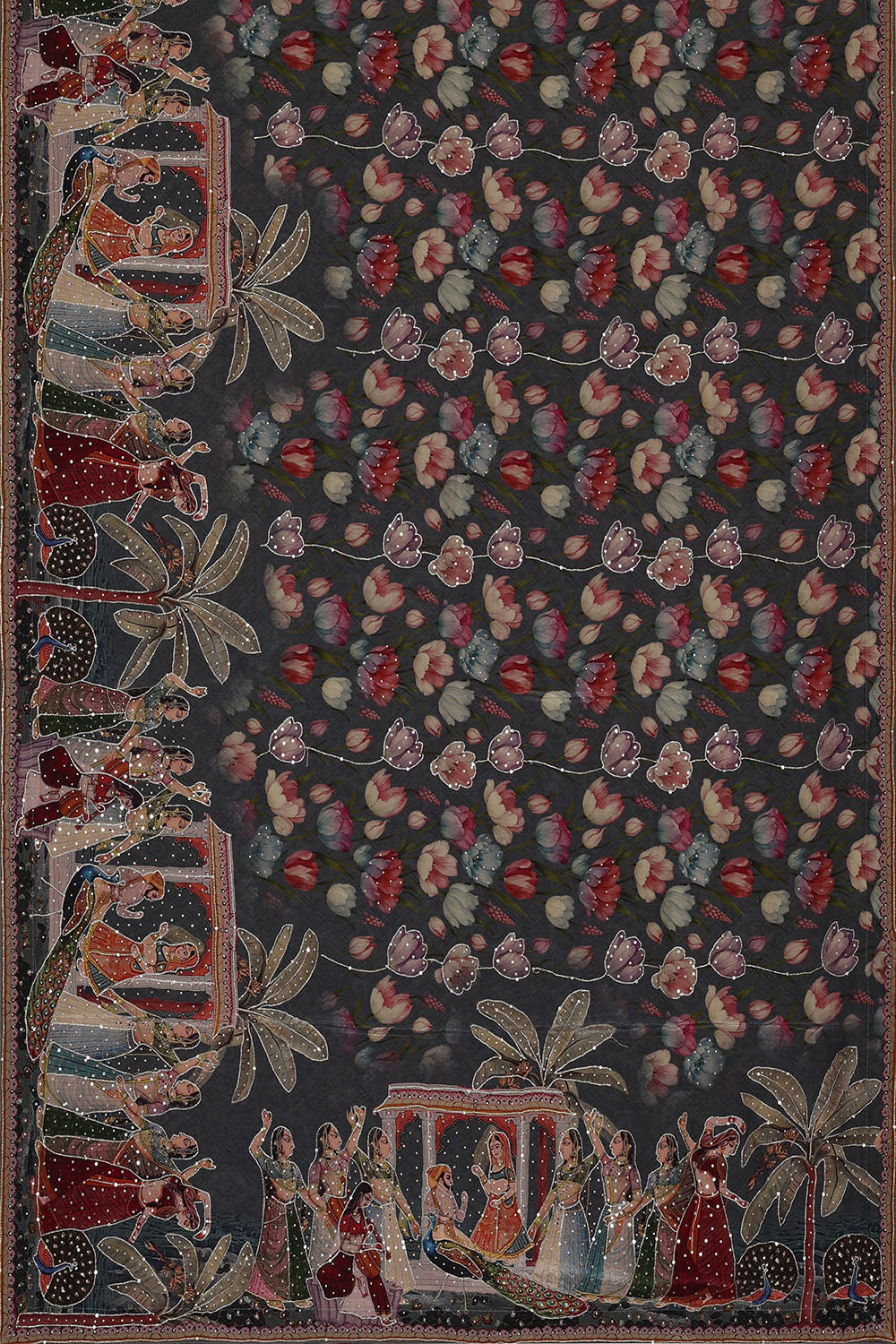 Image of Grey Crepe Print Silk Saree