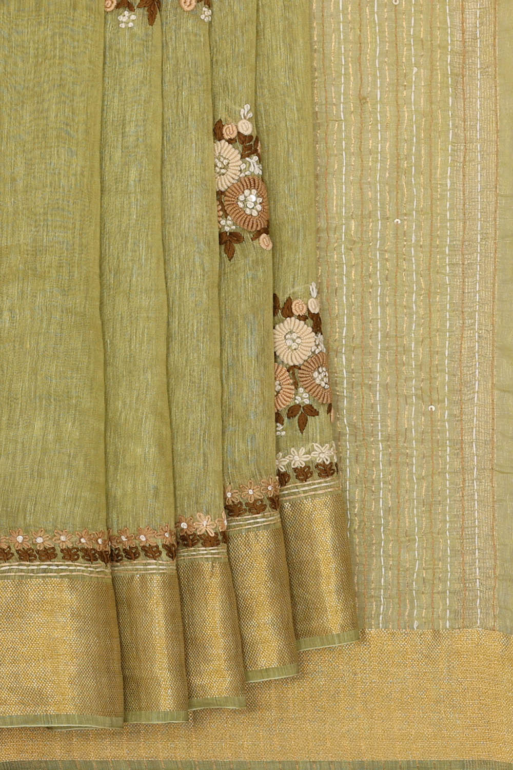 Image of Linen Embroidered Green Saree