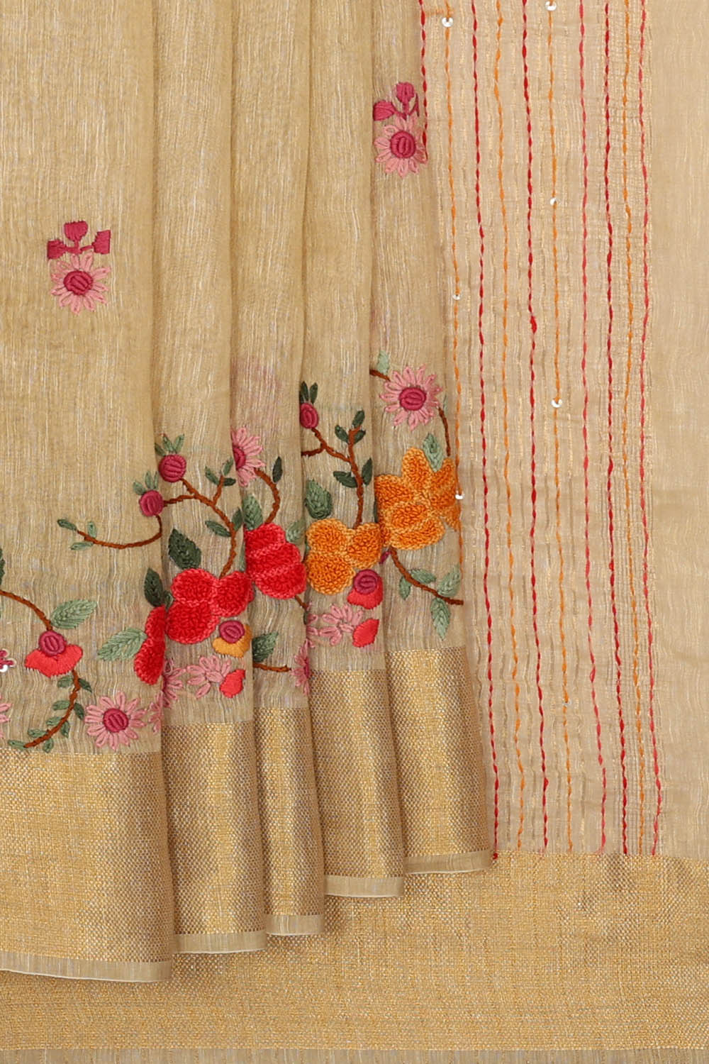 Image of Linen Embroidered Beige Saree