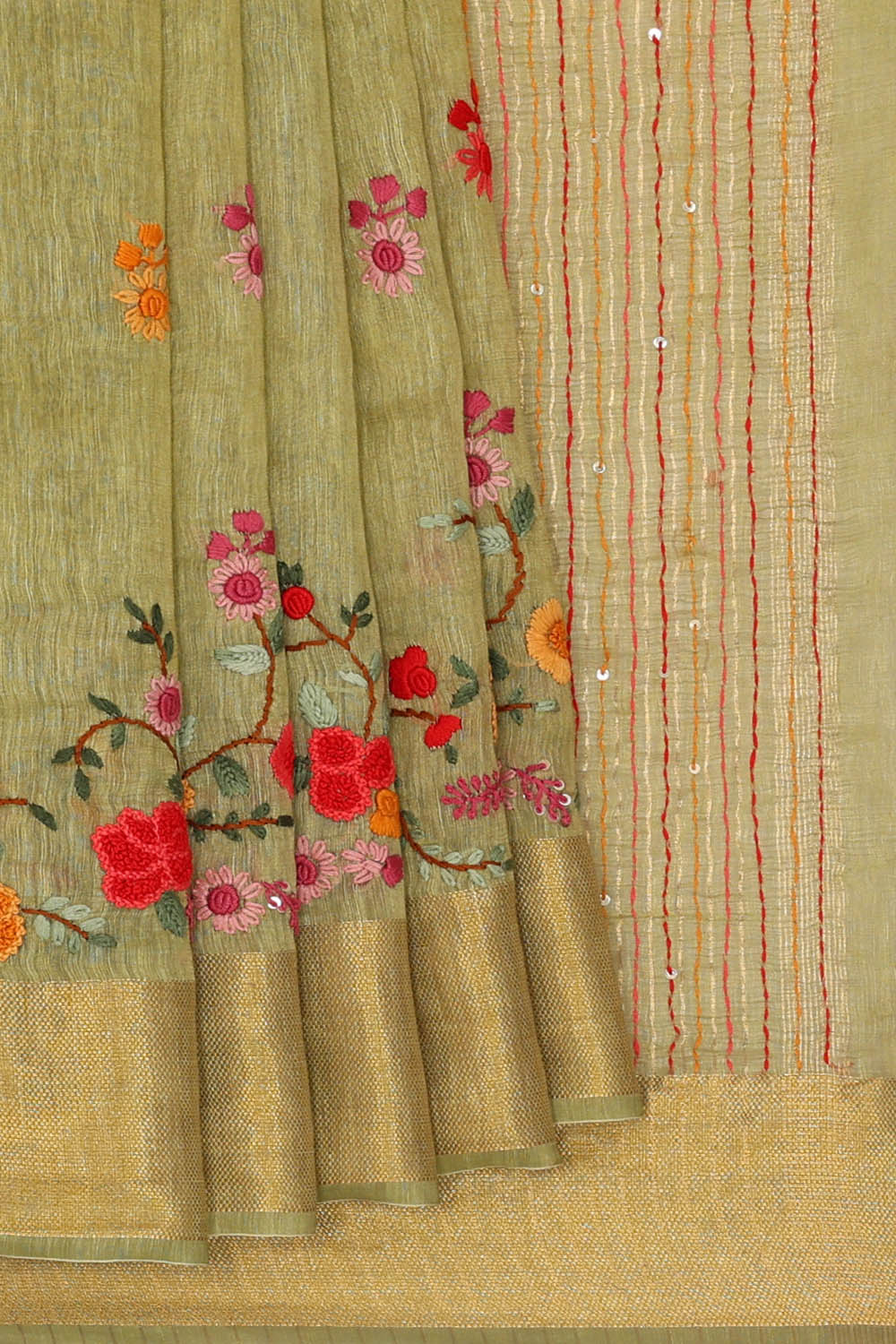 Image of Linen Embroidered Green Saree