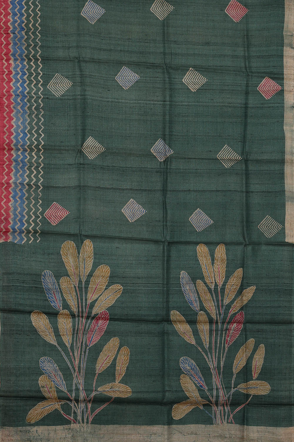 Image of Tussar Printed Green Saree