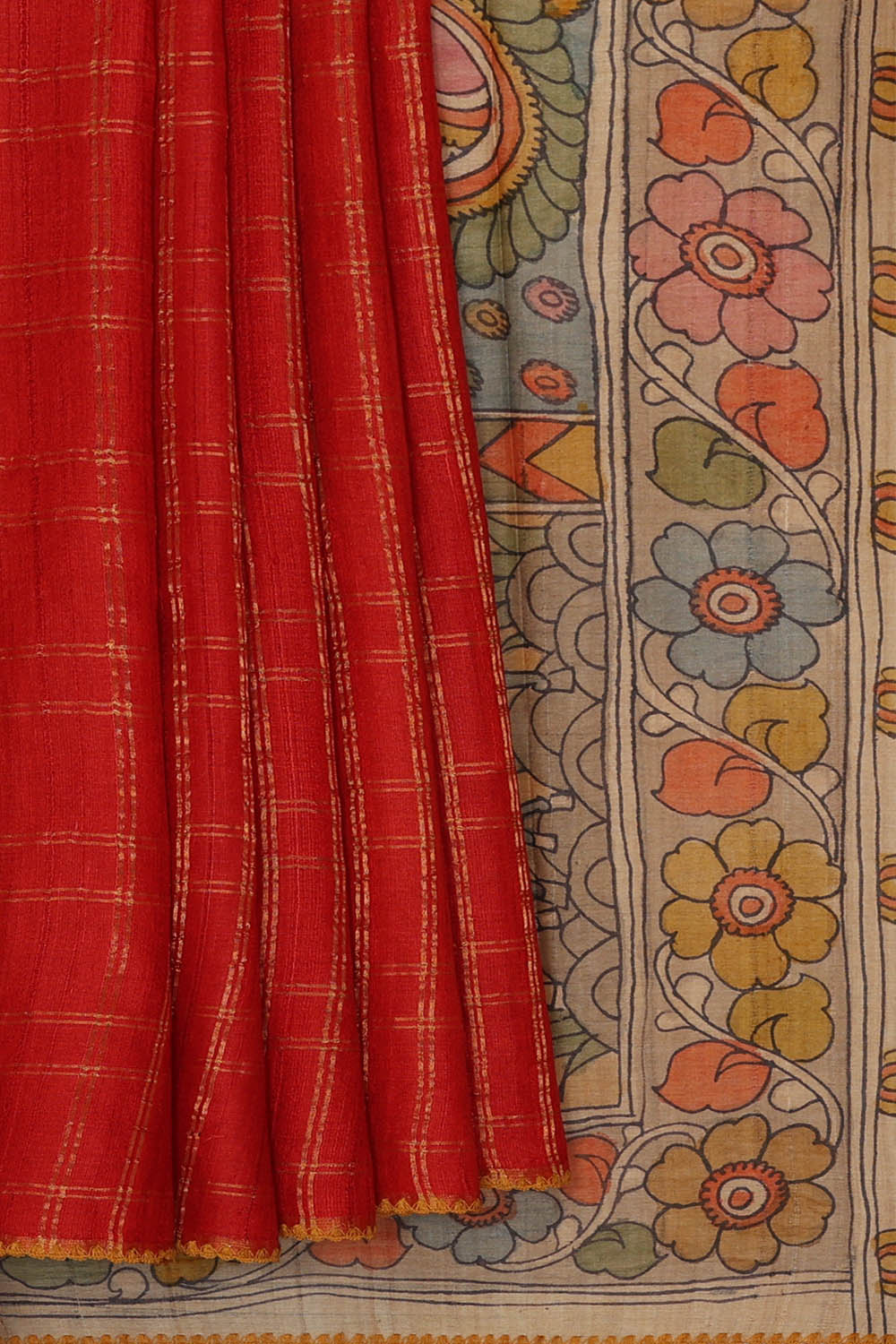 Image of Tussar Kalamkari Printed Red Saree