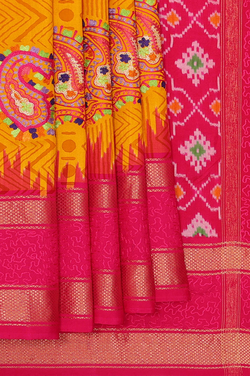Image of Pochampally Ikat Silk Mustard Yellow Saree