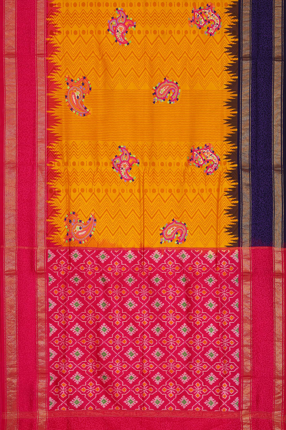 Image of Pochampally Ikat Silk Mustard Yellow Saree