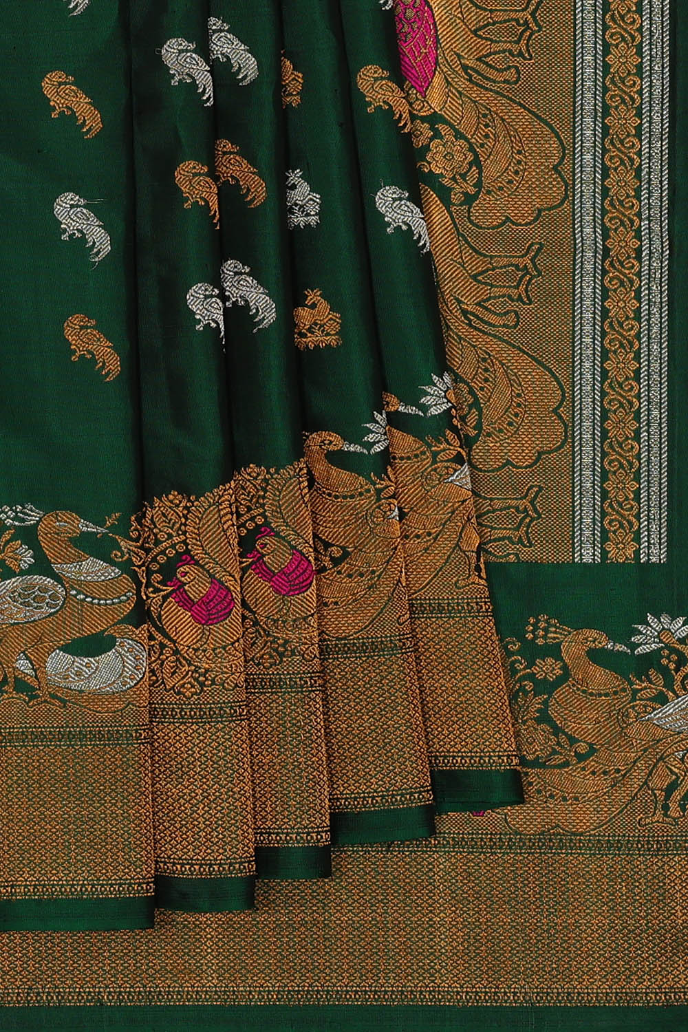 Image of Gadwal Silk Bottle Green Saree