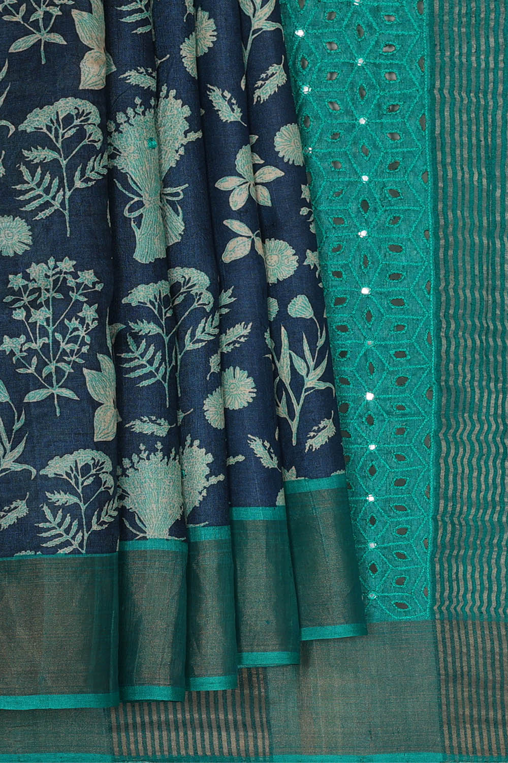 Image of Tussar Silk Dark Blue Saree