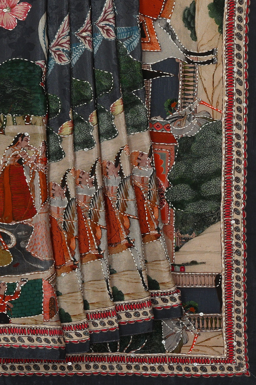 Image of Grey Crepe Print Silk Saree