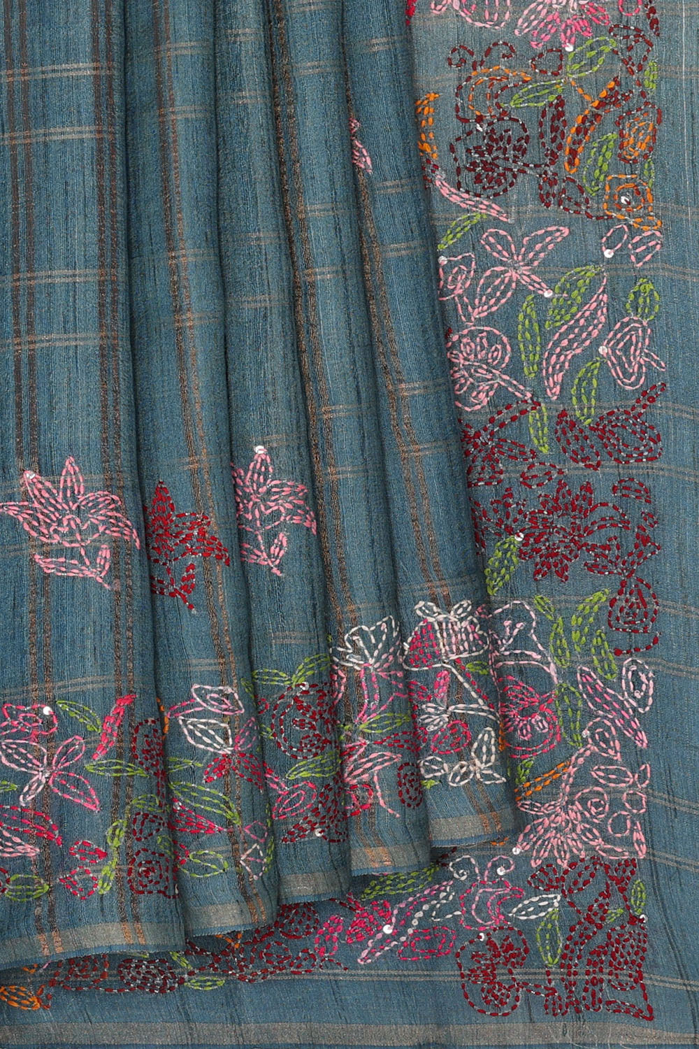 Image of Teal-Blue Desi Tussar Embroidery Silk Saree