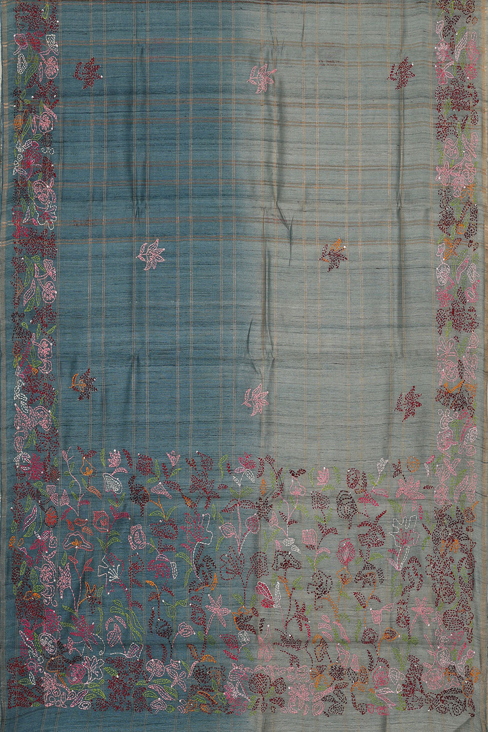 Image of Teal-Blue Desi Tussar Embroidery Silk Saree