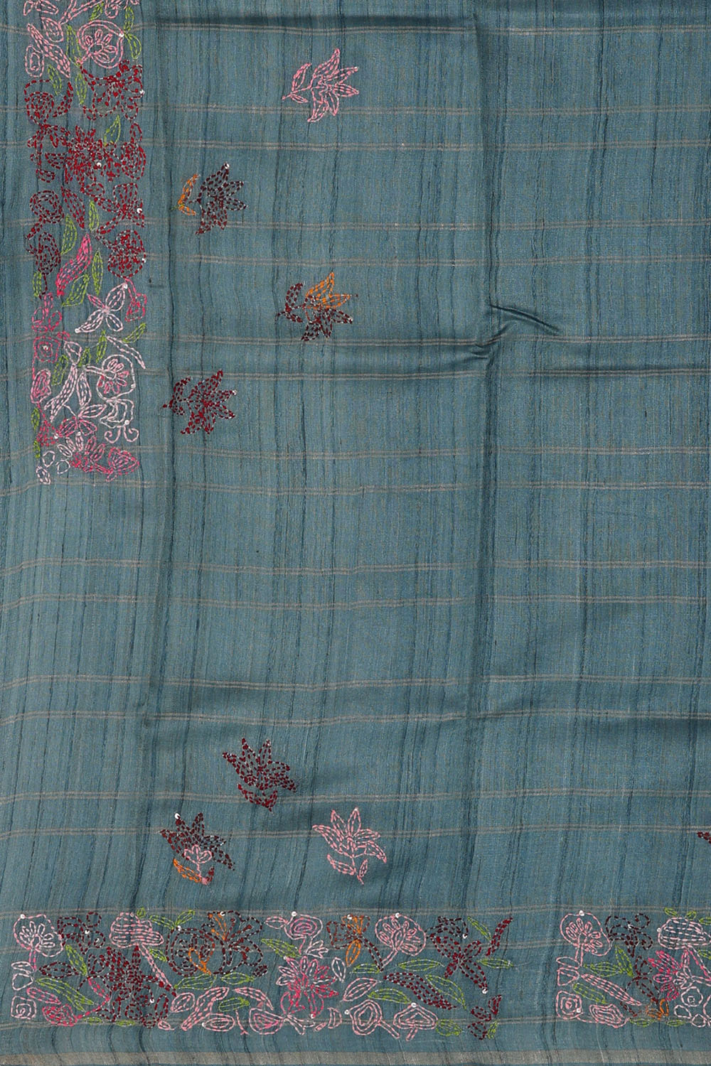 Image of Teal-Blue Desi Tussar Embroidery Silk Saree