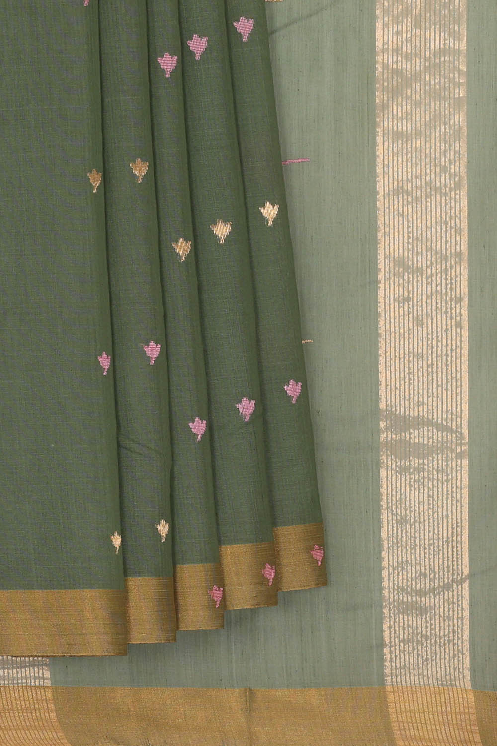 Image of Chanderi Cotton Silk Muted Green Saree