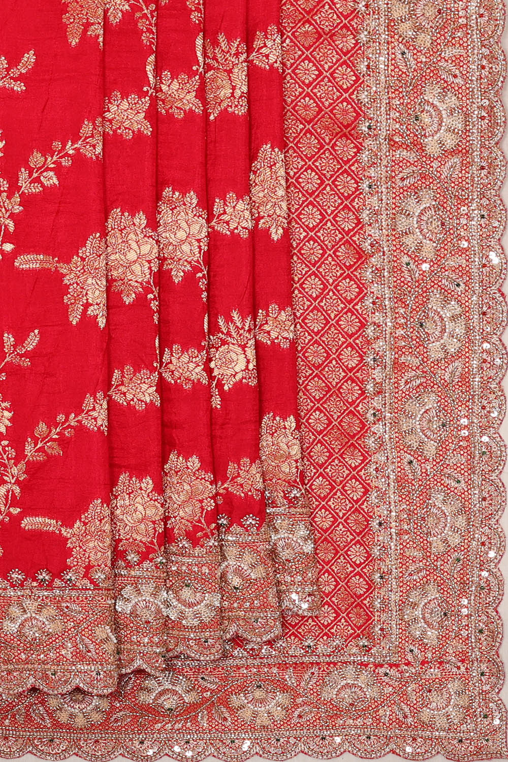 Image of Ruby-Red Crepe Brocade Embroidery Silk Saree