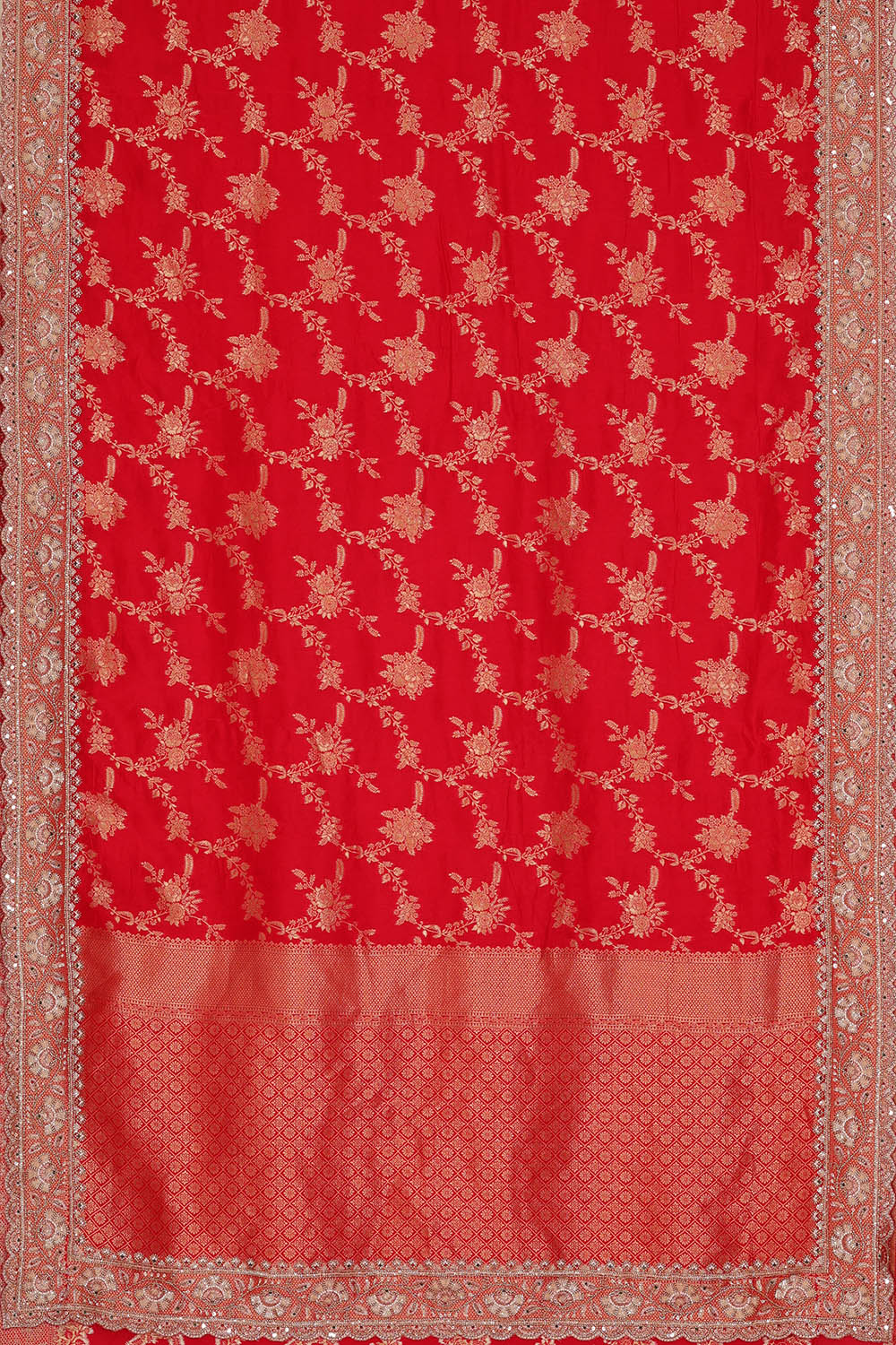 Image of Ruby-Red Crepe Brocade Embroidery Silk Saree