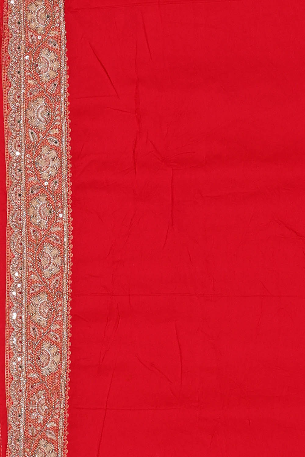 Image of Ruby-Red Crepe Brocade Embroidery Silk Saree