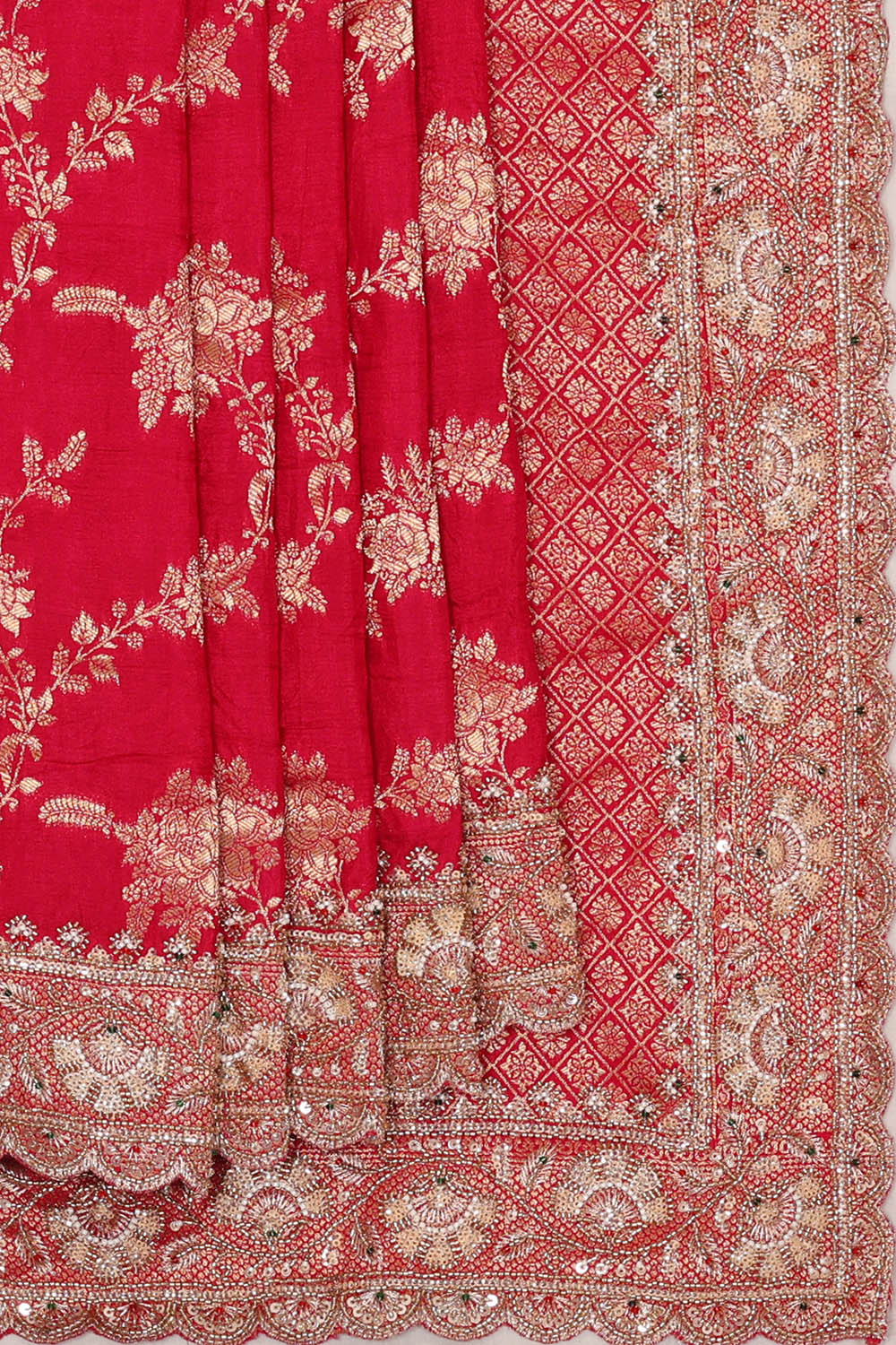 Image of Fuchsia-Pink Crepe Brocade Embroidery Silk Saree