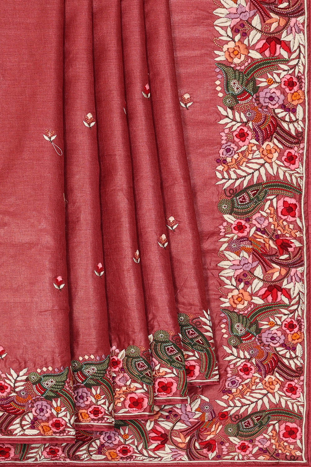 Image of Tussar Silk Dark Coral Red Saree