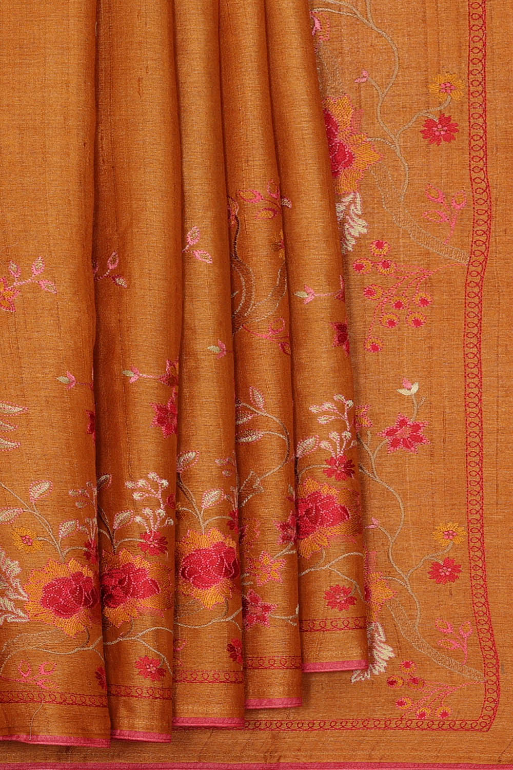 Image of Tussar Silk Dark Orange Saree