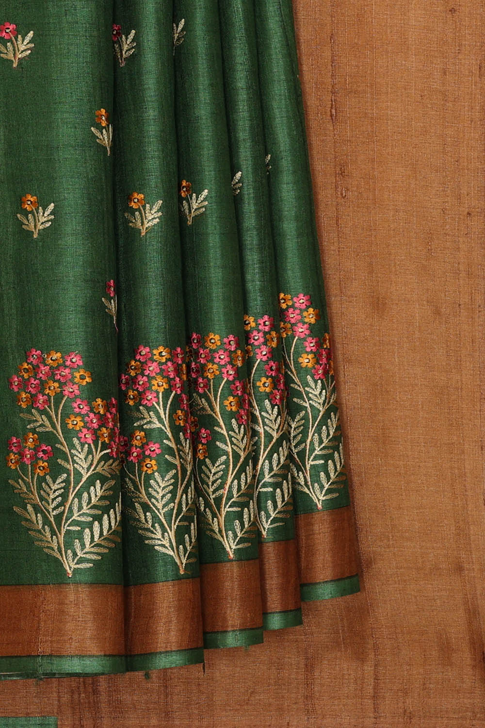Image of Tussar Silk Dark Green Saree