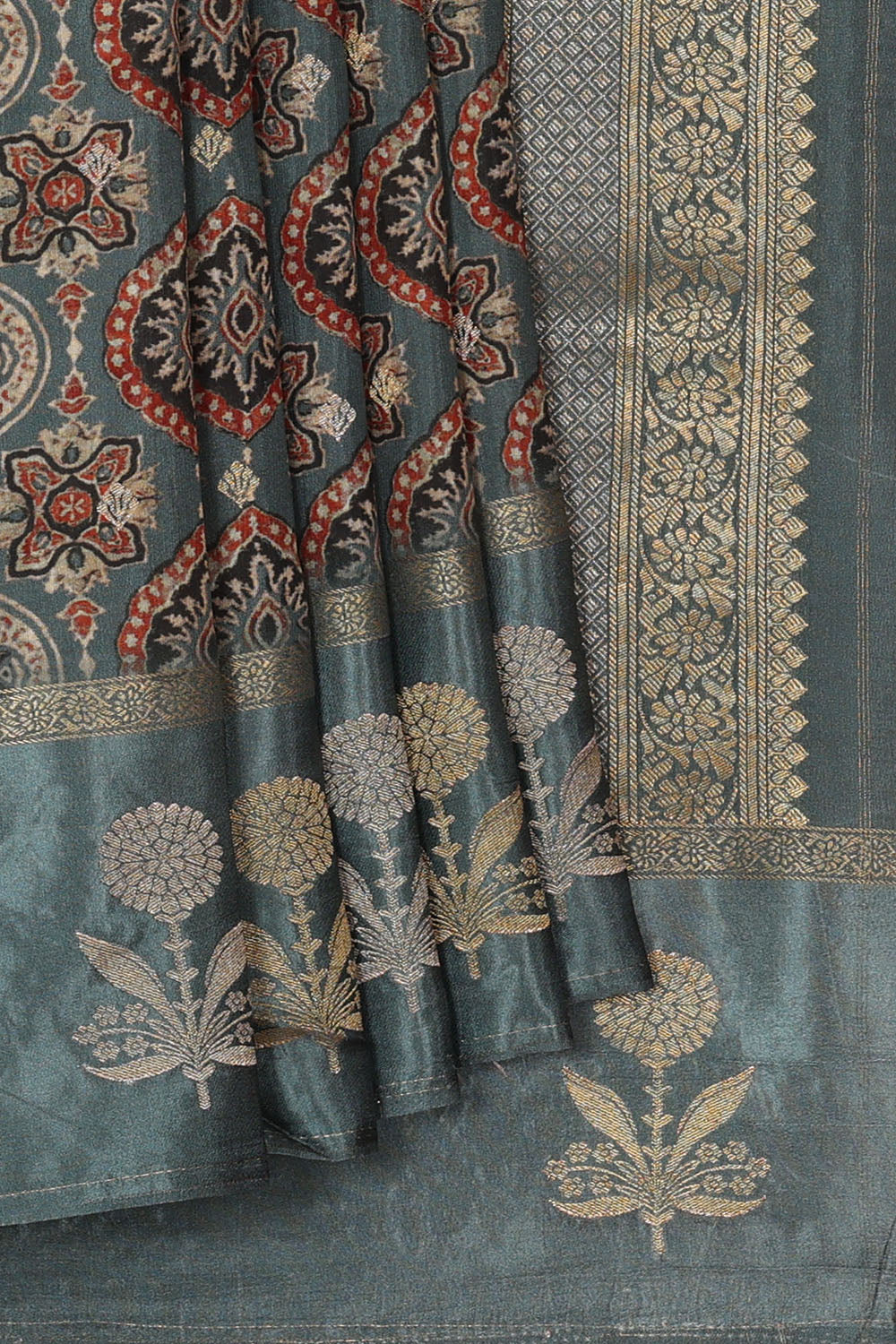 Image of Grey Print Silk Saree