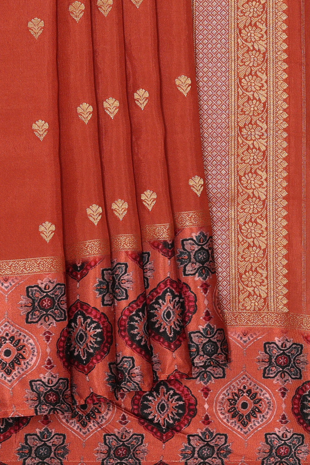 Image of Rust-Orange Print Silk Saree