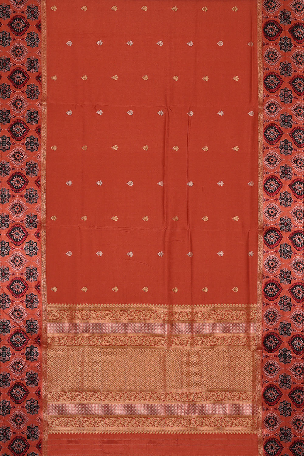 Image of Rust-Orange Print Silk Saree