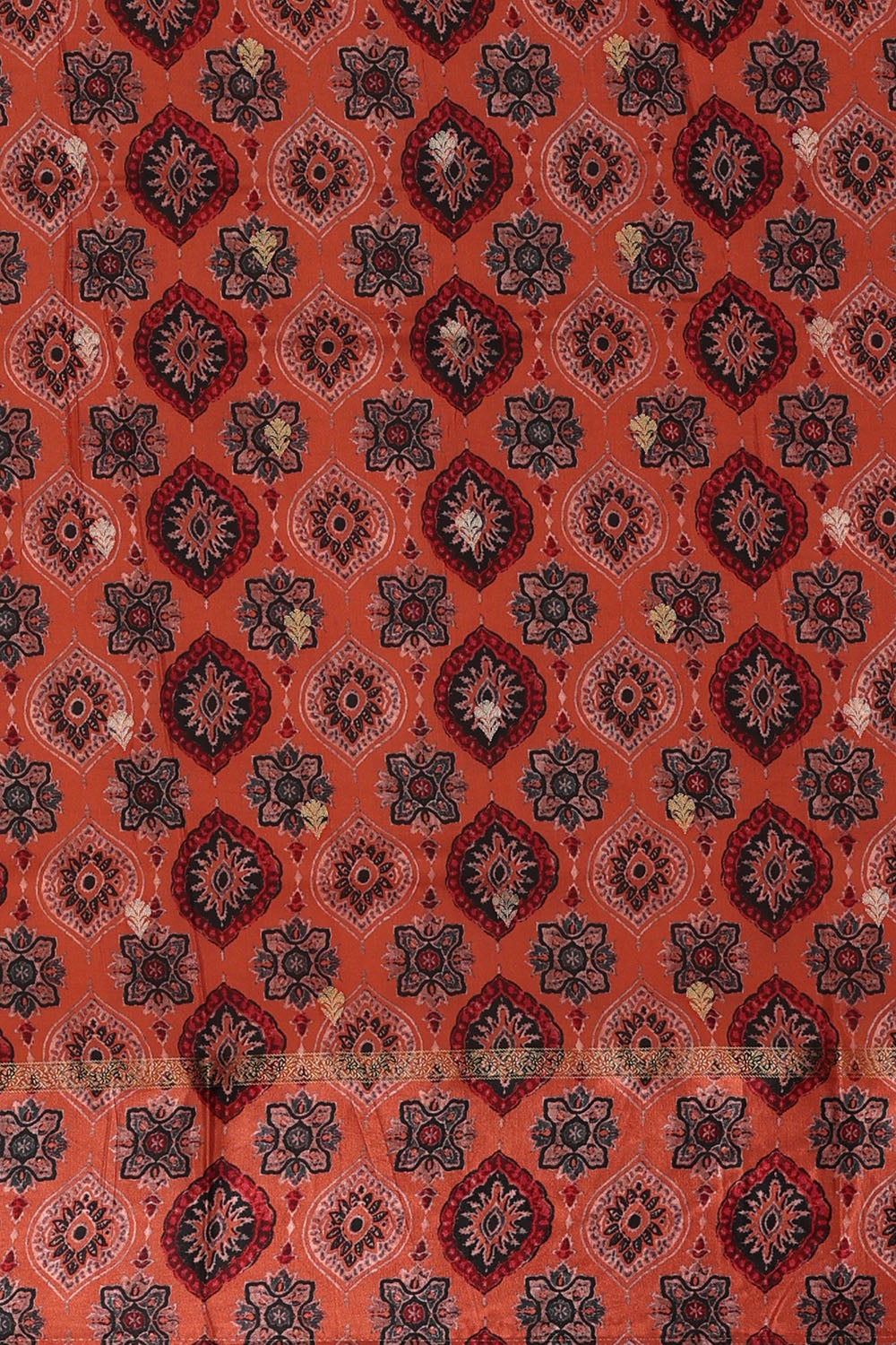 Image of Rust-Orange Print Silk Saree