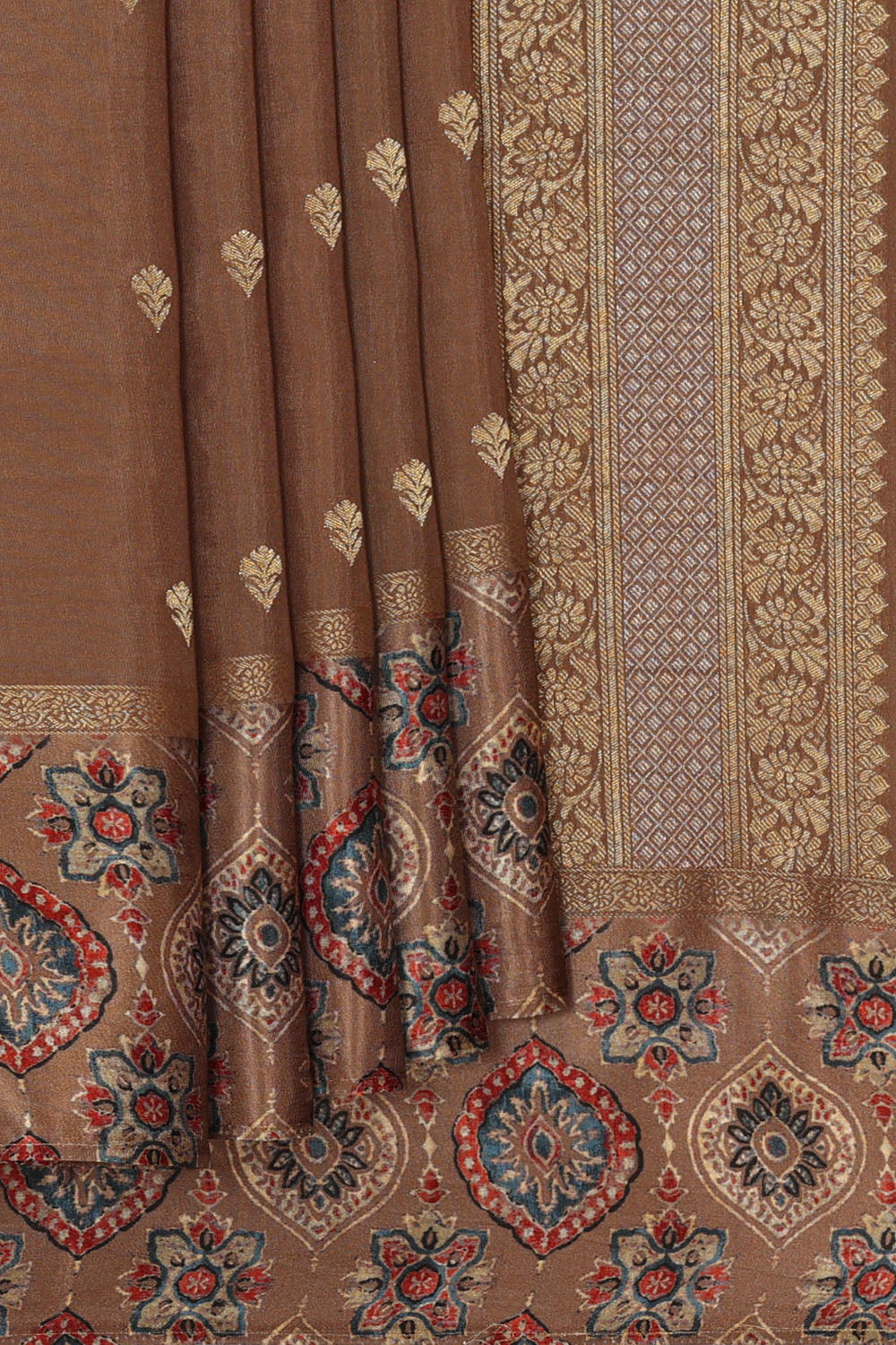 Image of Brown Print Silk Saree