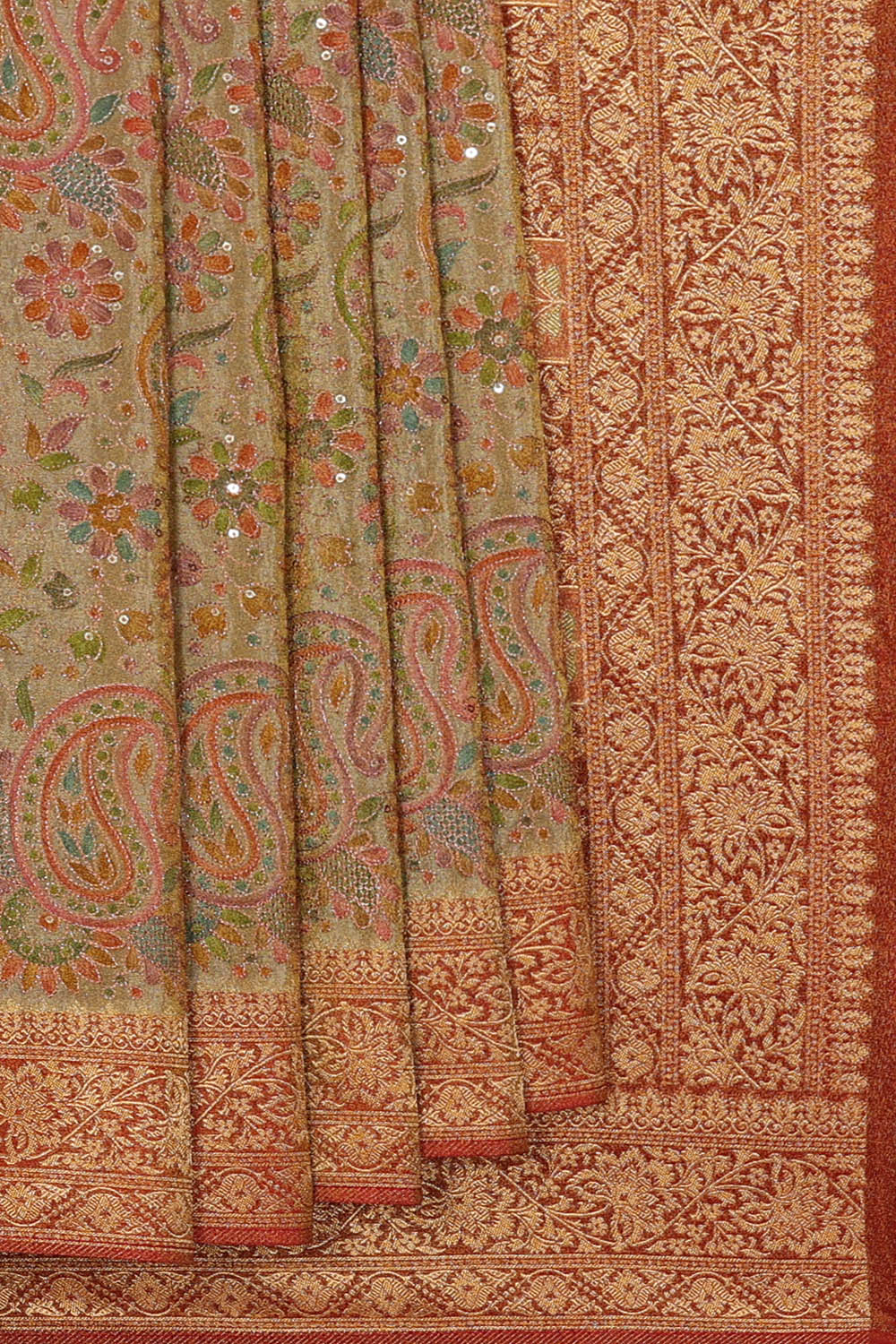Image of Off-White Crepe Embroidery Silk Brocade Saree