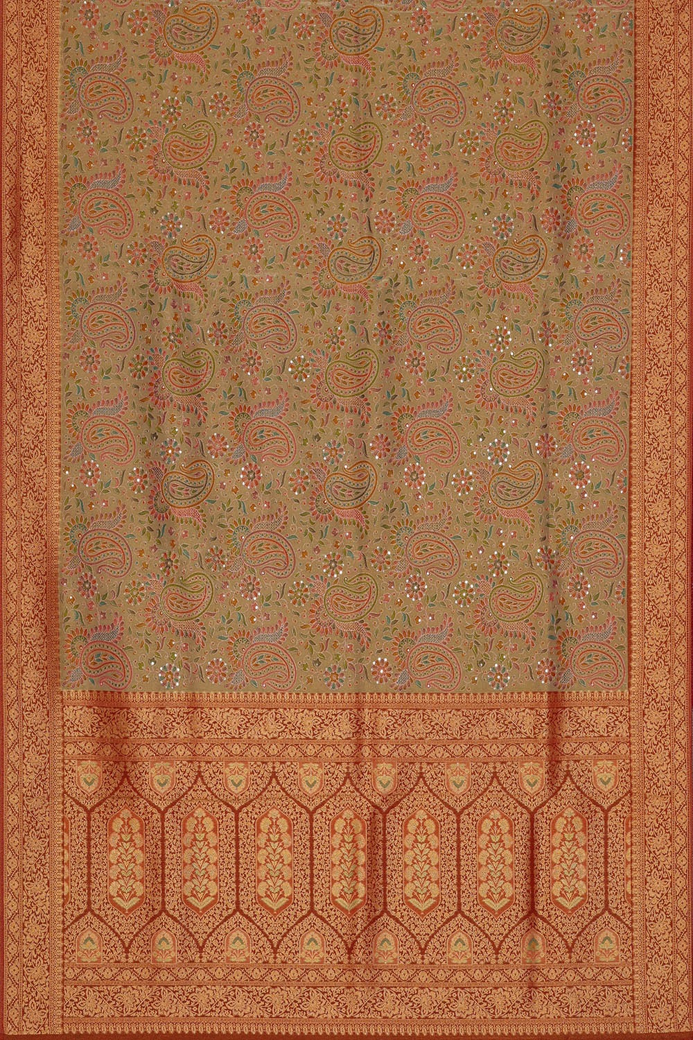 Image of Off-White Crepe Embroidery Silk Brocade Saree