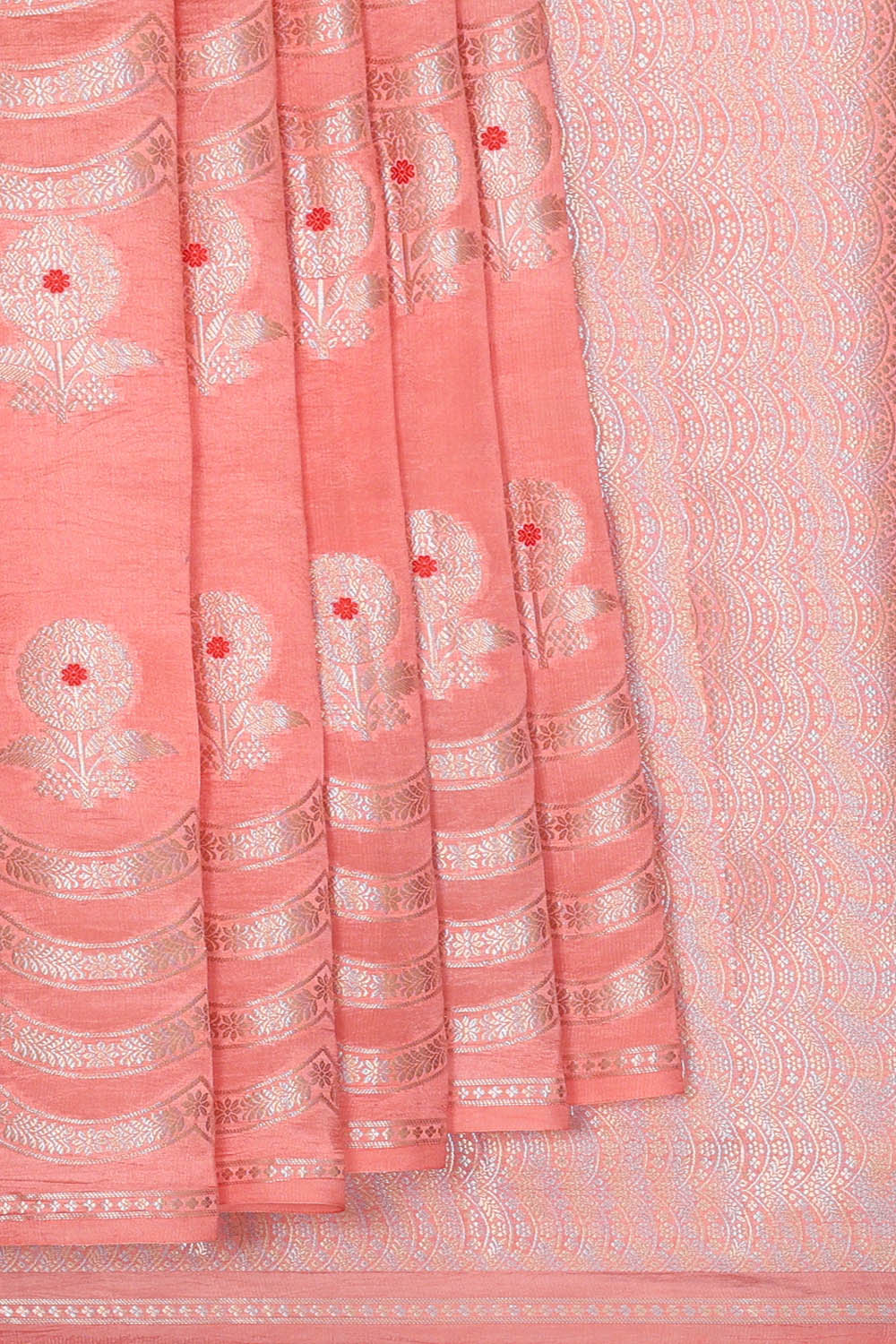 Image of Coral-Pink Tussar Silk Saree