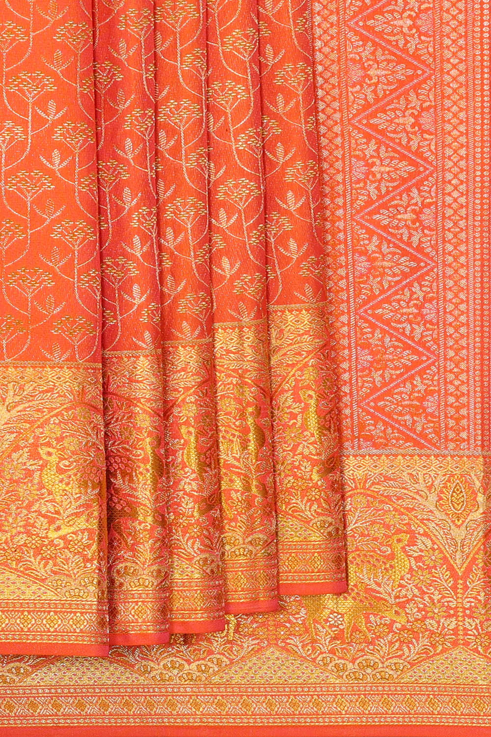Image of Coral-Orange Kanchipattu Brocade Saree