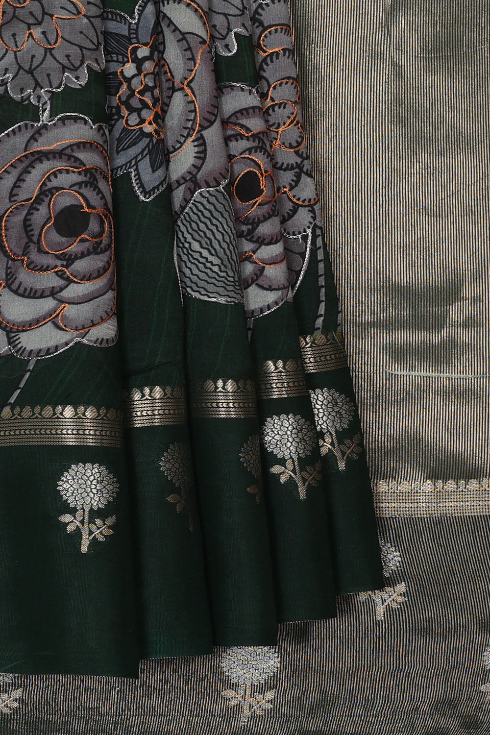 Image of Bottle-Green Silk Cotton Embroidery Saree