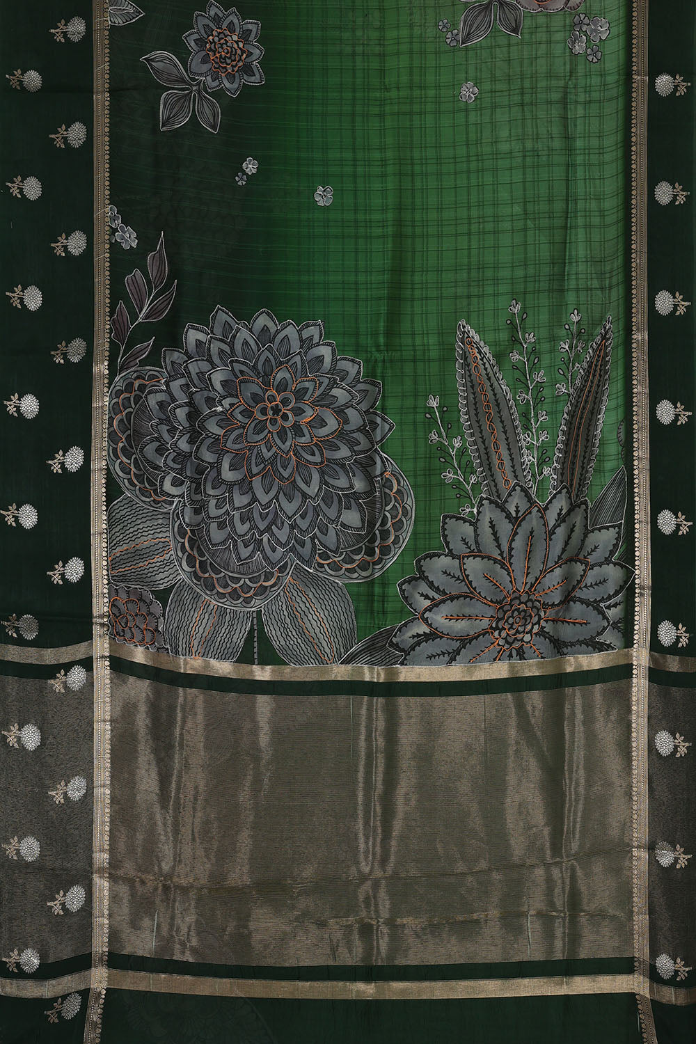 Image of Bottle-Green Silk Cotton Embroidery Saree