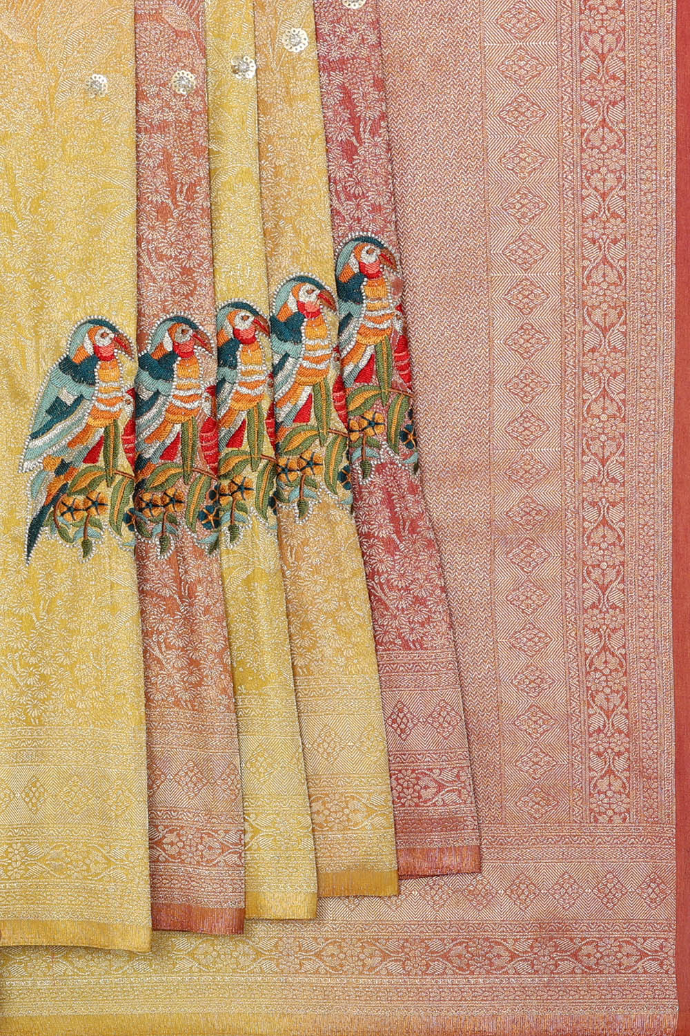 Image of Yellow Silk Embroidery Saree