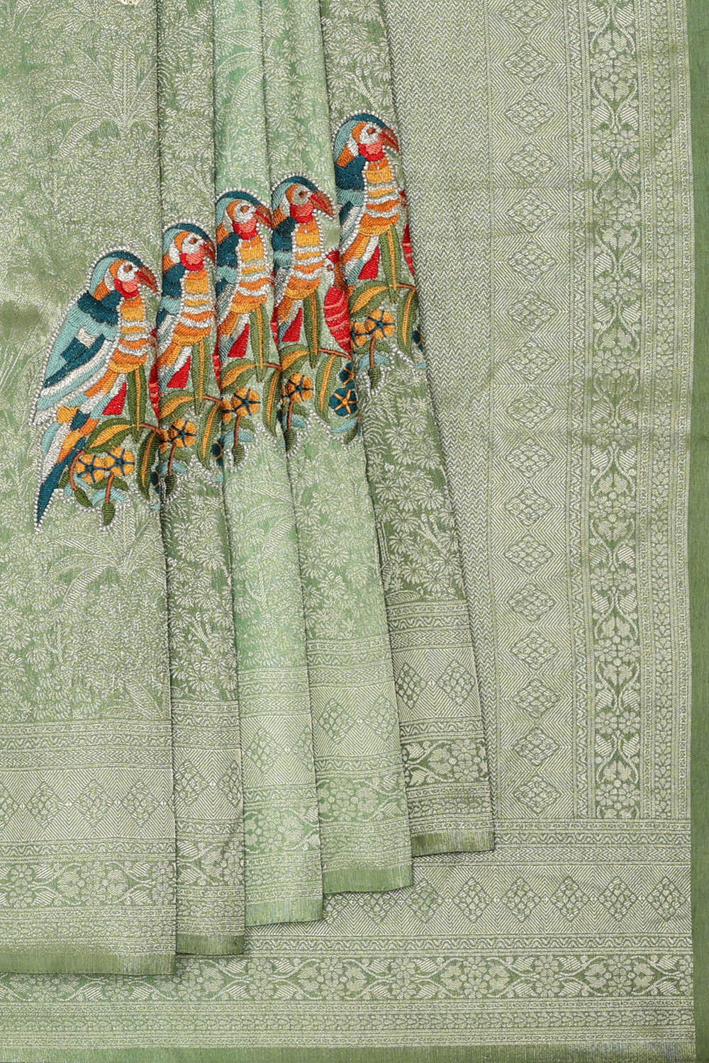 Image of Green Silk Embroidery Saree