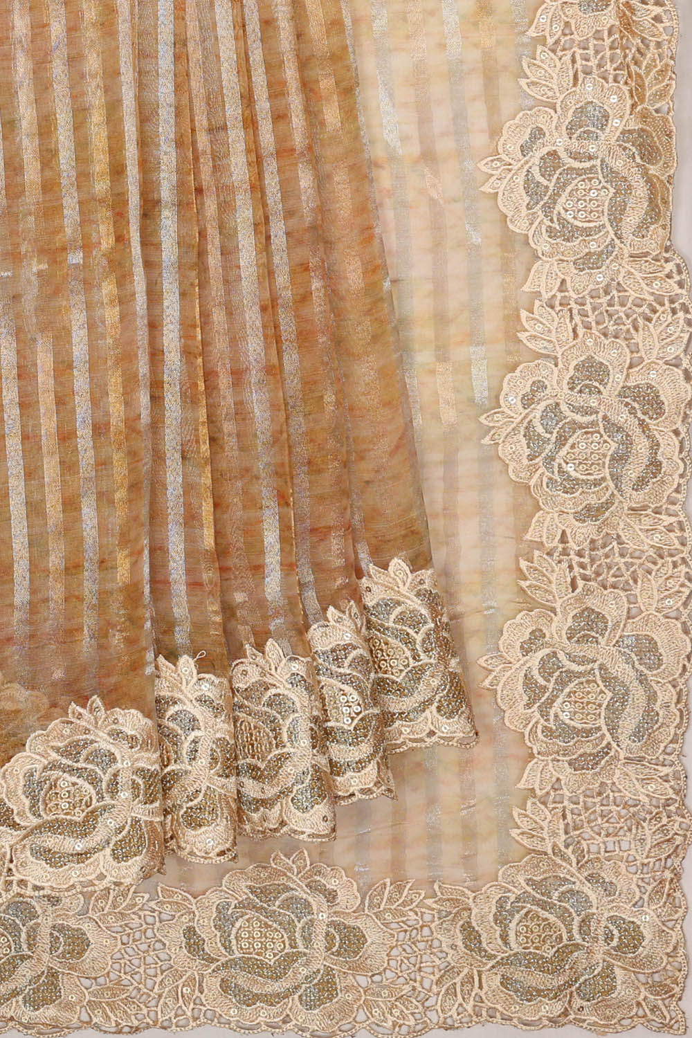 Image of Light Beige Tissue Embroidery Silk Saree
