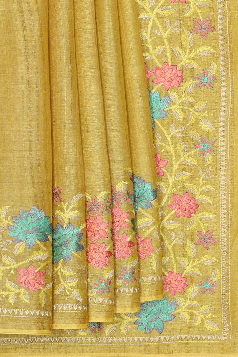 Image of Pale Yellow Tussar Embroidery Saree