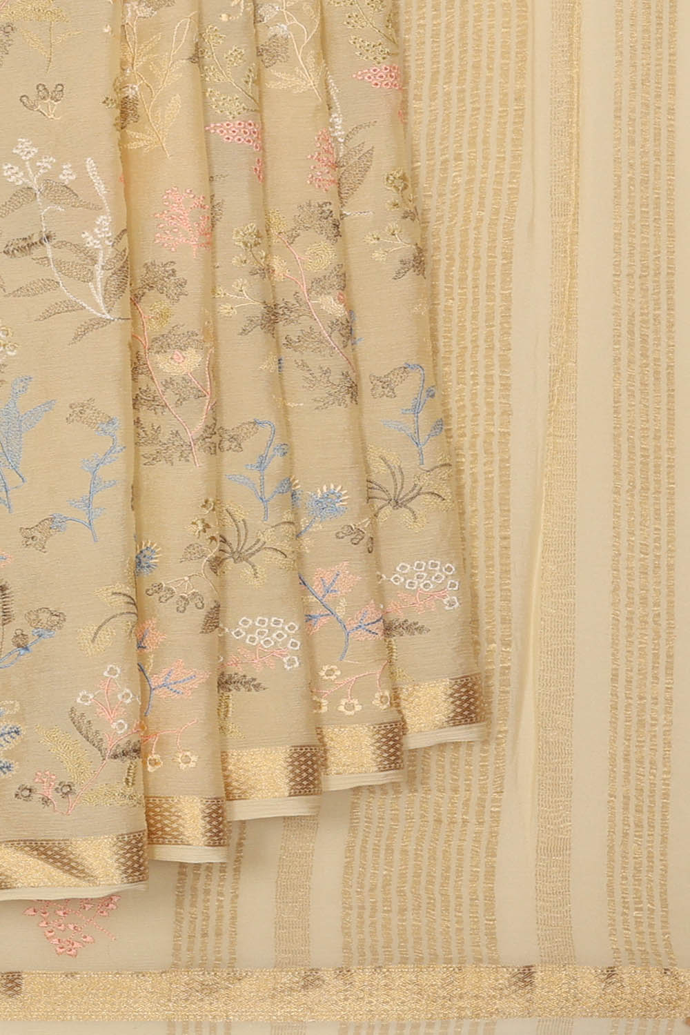 Image of Ivory Off-White Chiffon Embroidery Saree