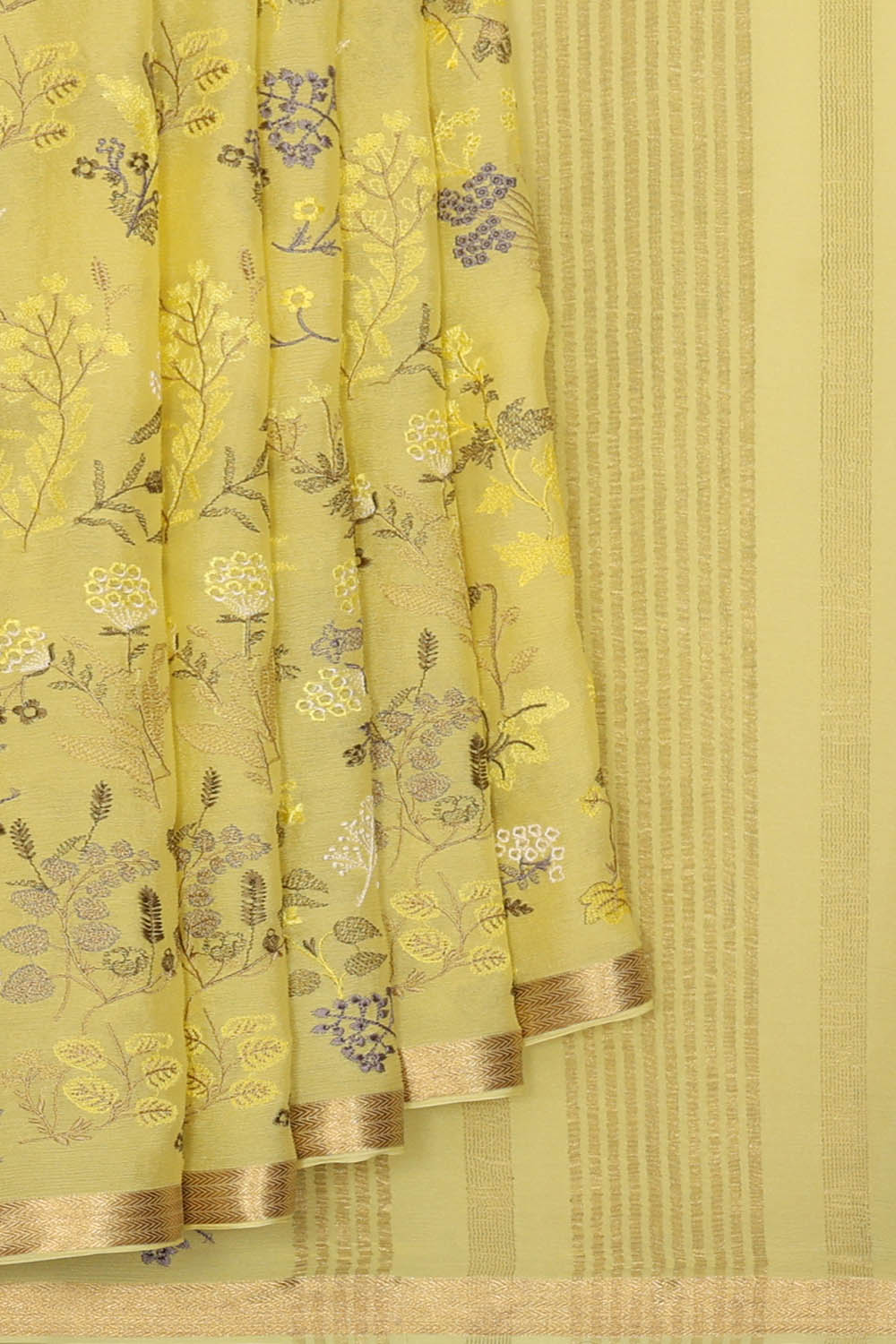 Image of Lemon-Yellow Chiffon Embroidery Saree