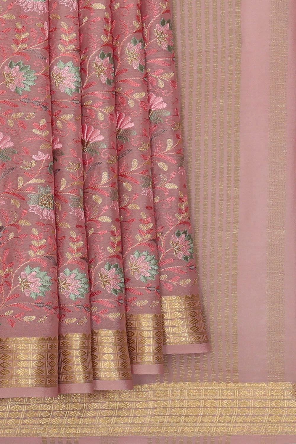 Image of Onion-Pink Chiffon Embroidery Saree
