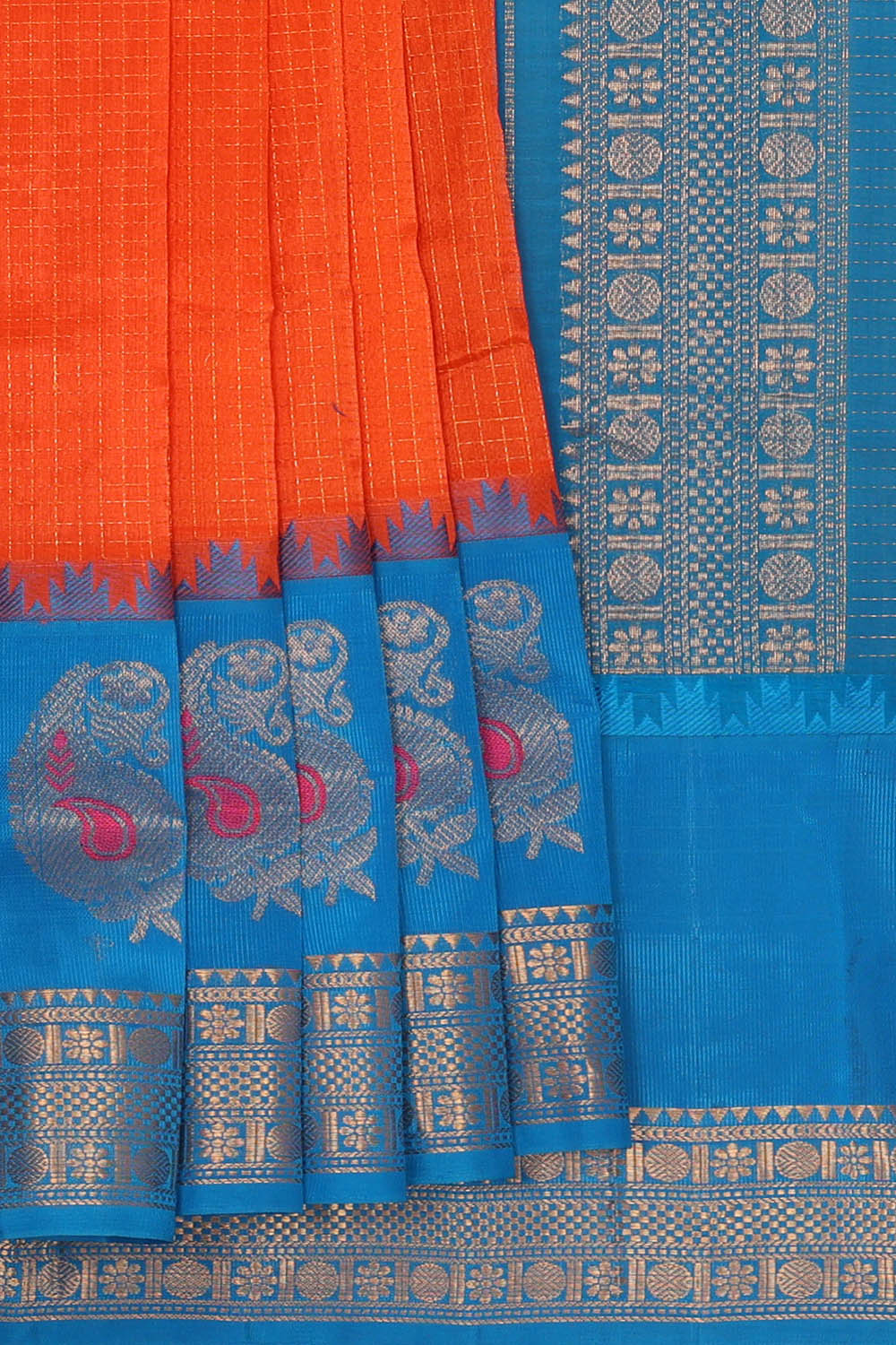 Image of Orange Kattam Kuppadam Cotton Silk Saree