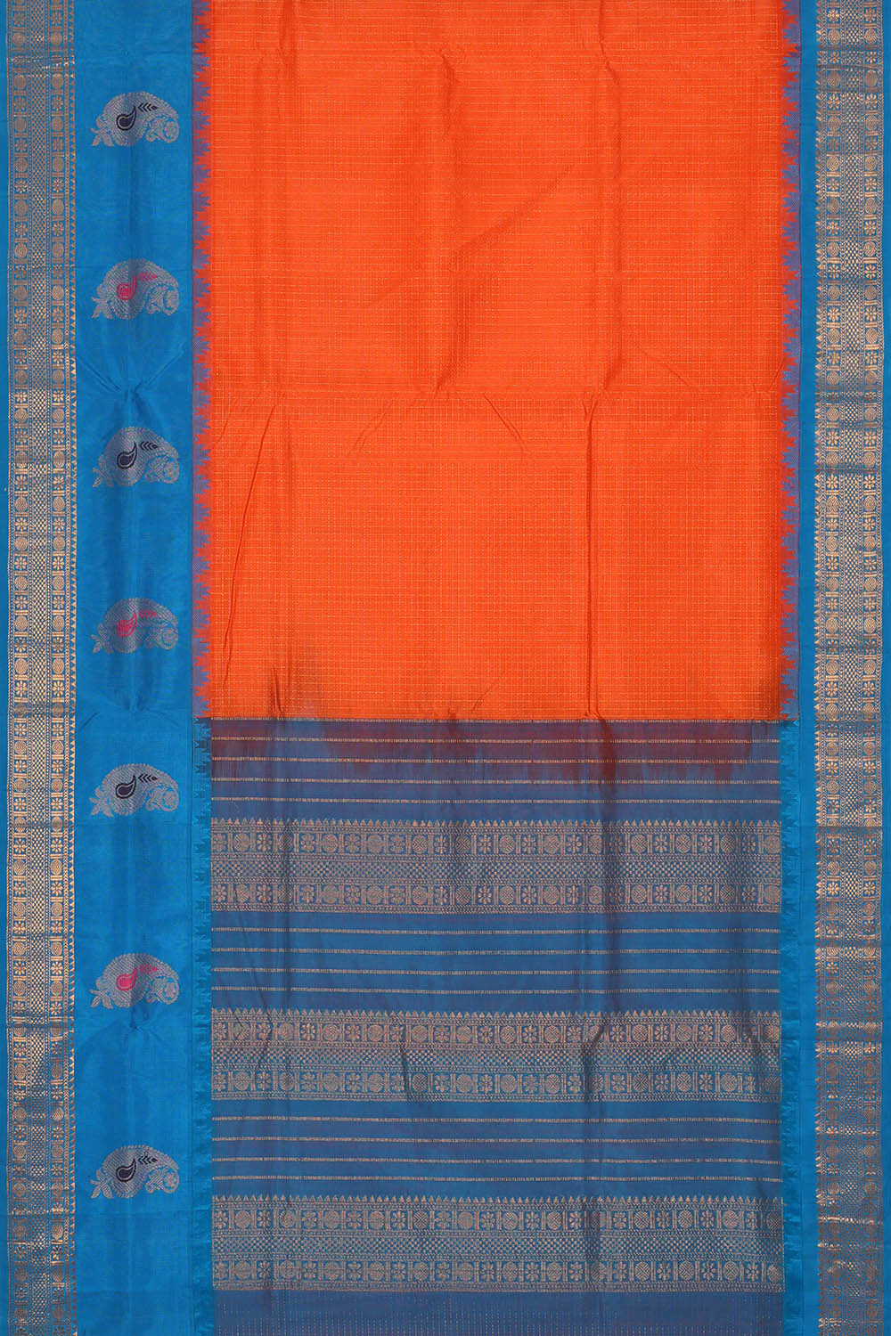 Image of Orange Kattam Kuppadam Cotton Silk Saree