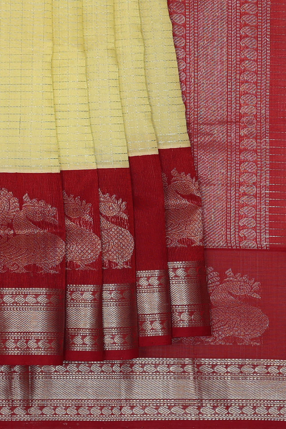 Image of Lemon Yellow Kattam Kuppadam silk cotton Saree