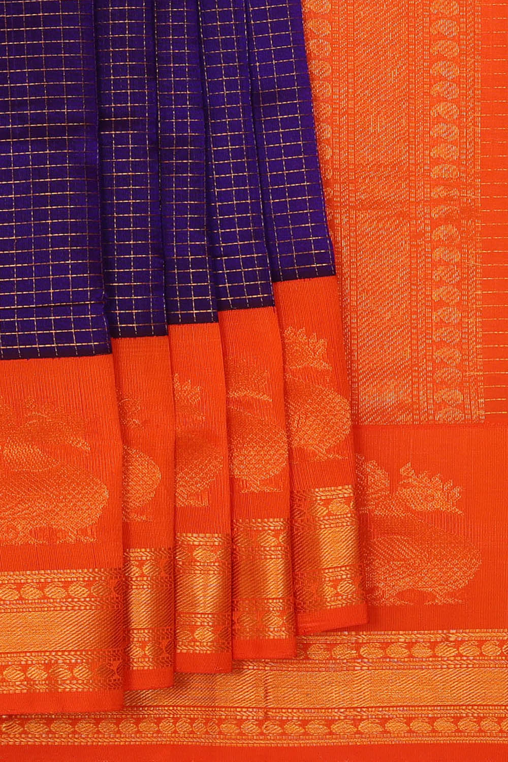 Image of Indigo Blue Kattam Kuppadam Silk Cotton Saree