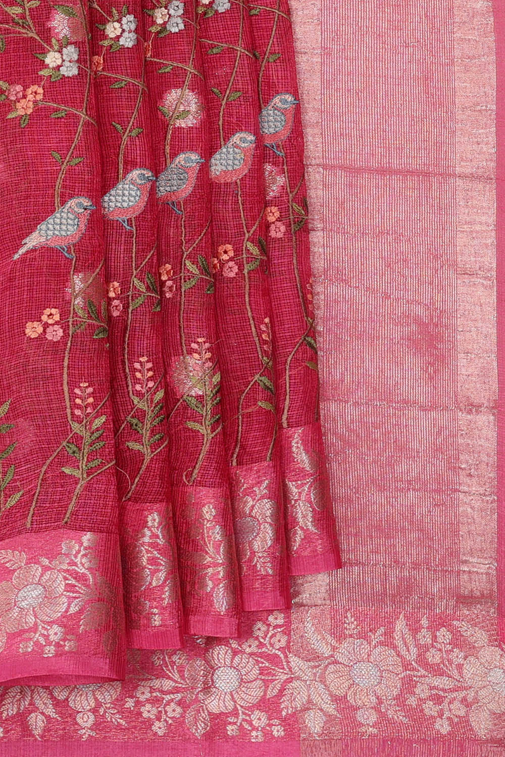 Image of Pink Kota Embroidery Cotton-Silk Saree