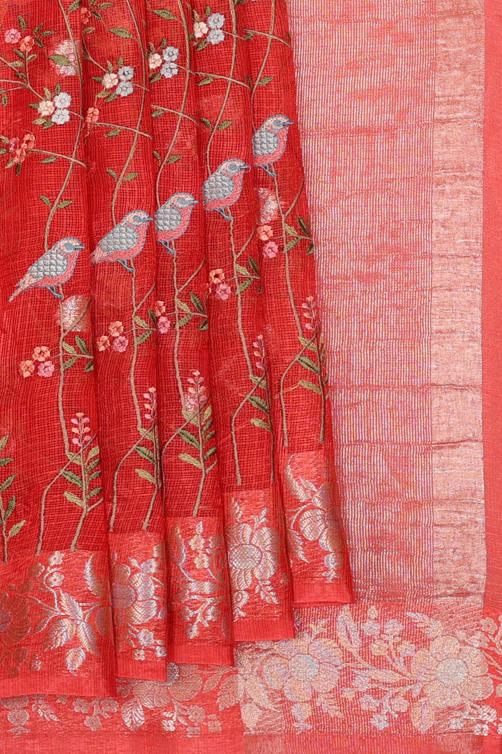 Image of Red Kota Embroidery Cotton-Silk Saree