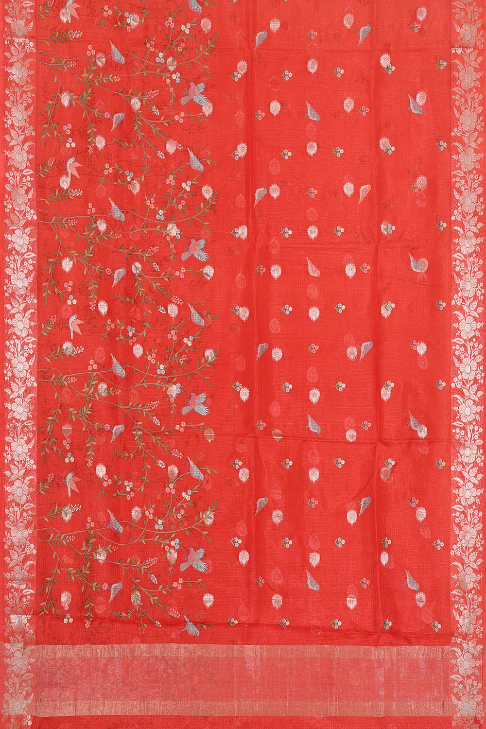 Image of Red Kota Embroidery Cotton-Silk Saree